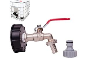 DZAY Robinet Cuve 1000L Robinet Recuperateur Eau De Pluie, Adaptateur De Réservoir D'eau IBC 1/2" Double Robinet En Laiton Fabriqué En PP Filetage Gros 60 Mm (1pc)