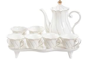 DUJUST 14 pcs Tea Set of 6 with Tea Tray & Spoons, Luxury British Style Tea/Coffee Cup Set with Golden Trim, Porcelain Tea Set for Living Room Decor, Tea Party Set, Gift Package - White