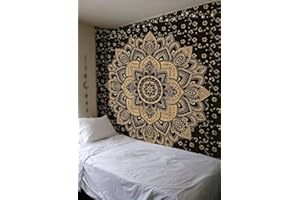 Bless International Indian Traditional Mandala Hippie Wall Hanging, Cotton Tapestry Ombre Bohemian Bedspread (Queen (84x90 Inches)(215x230 Cm), Black Gold Flower)