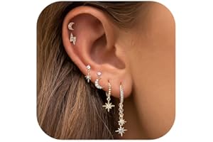 JeweBella 4/5/6 Pcs Boucles d'oreilles Femme Or Plaqué Or 14 Carats en Argent Sterling 925 Boucle d'oreille Or Empilées Mini Créoles Cœur Étoile Lune Boucles d'Oreilles