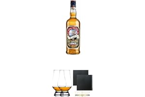 UNBEKANNT Linie Aquavit Norwegen 0,7 Liter + The Glencairn Glas Stölzle 2 Stück + Schiefer Glasuntersetzer eckig ca. 9,5 cm Ø 2 Stück