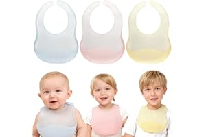 ORAGKE Juego de 3 Babero Silicona Bebe sin BPA Ultraligero, Baberos Bebe Impermeables Ajustables, Baberos Bebe Silicona Flexible y Suave, Apto para lavavajillas, 6 meses a 6 años (Rosa/Amarillo/Azul)