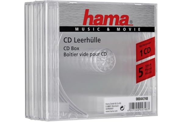 Hama Boîtier Standard (pour CD et disques Blu-Ray, Étui Protecteur pour CD, Paquet de 5) Transparent