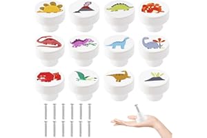 Drufoful 12 Pezzi Tiradores Infantiles, Pomos Infantiles Pomos y Tiradores Infantiles Redondos de 35 MM de Dinosaurio con Tornillos para Cajones, Armarios, Cómodas en la Habitación de los Niños