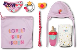BABY född nyfödd set med mössa, blöja, skallra, halsduk, napp och nappkedja lämplig för nyfödda outfit för 43 cm dockor, 8379