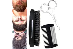 FGNUAY Hommes brosse à barbe et peigne à barbe set ciseaux kit de coupe, noyer noir naturel poil de porc, double action peigne en bois cadeau de Noël pour la coupe de la barbe et de la moutarde (noir)