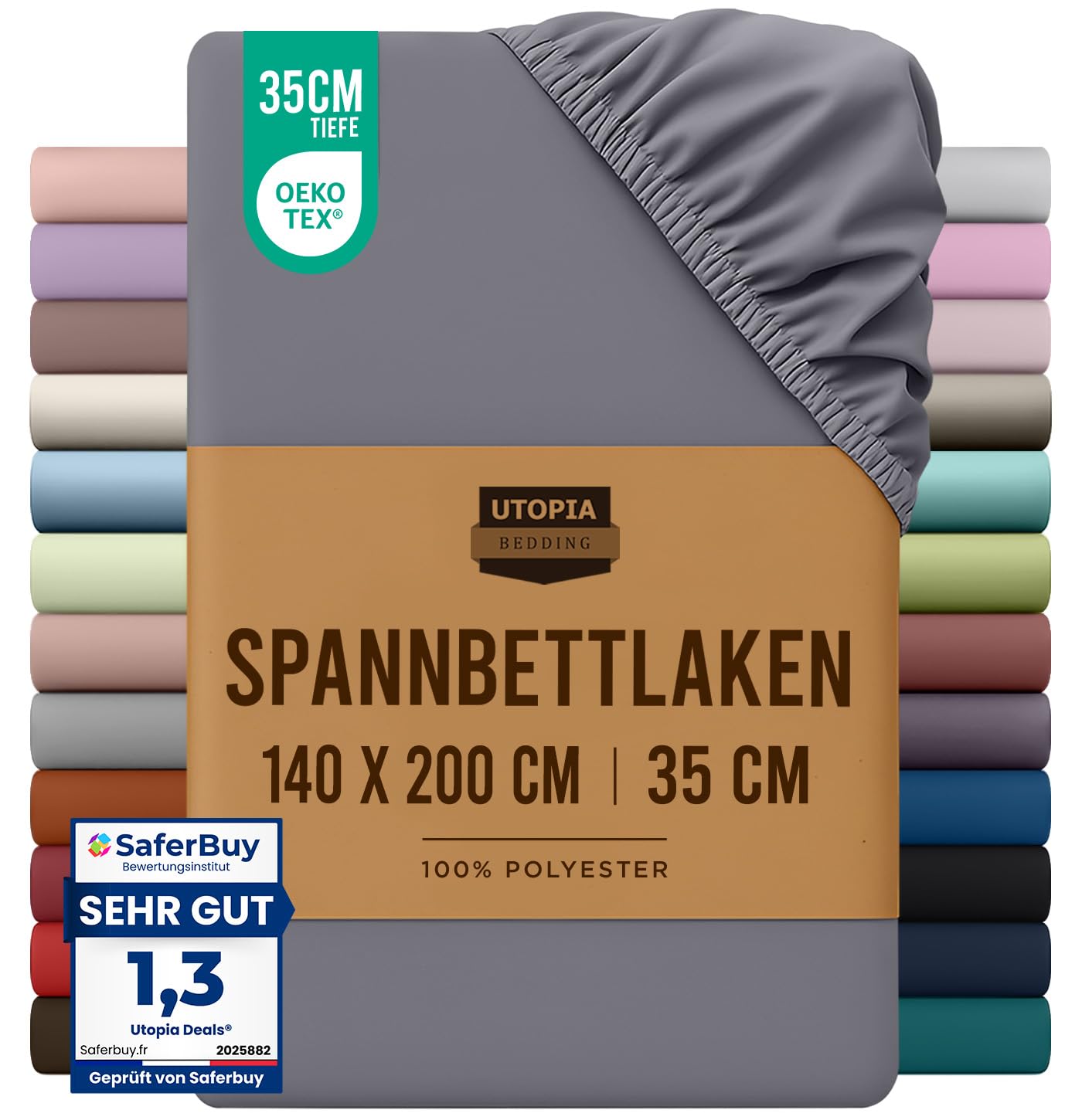 Utopia Bedding - Spannbettlaken 140x200cm - Grau | Gebürstete Polyester-Mikrofaser Spannbetttuch - Oeko-Tex Zertifiziertes - 35 cm Tiefe Tasche