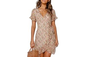 CheChury Mujeres Casual Verano Vestidos 2025 Moda Gasa Cuello en V Magas Cortas Estampado Floral Vacaciones Vestido Elegante Bohemio Vestido de Playa