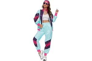 WELLCHY Costume Années 80 et 90 Survêtement, 80S 90S Rétro Veste et Pantalon, Deguisement Annee 80 et 90 avec Bandeau, Bracelets et Lunettes, Déguisement Disco Set pour Carnaval