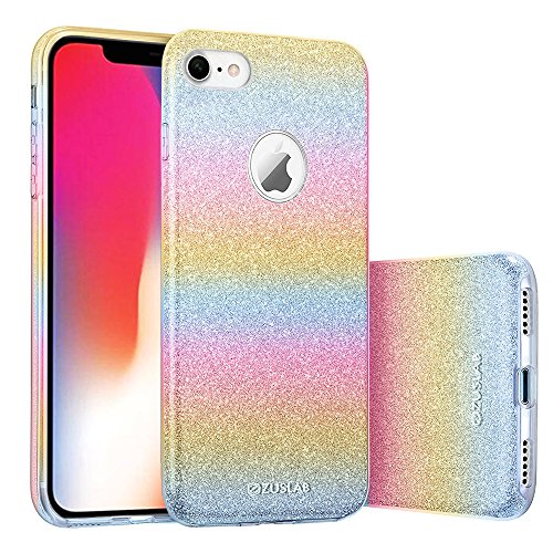 iPhone 7 Case ZUSLAB Bling Glitter Sparkle 3 Layer Hybrid Shockproof Thin Soft Flexible TPU Gel Cover for Apple iPhone 7 [Rosy][Rainbow]