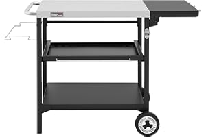 Royal Gourmet Desserte Extérieure pour Plancha, 3 Étagères Chariot pour Barbecue avec Dessus de Table en Acier INOX 70 x 50cm et Table d'Appoint Pliable de 30 x 50cm, Convient pour Cuisine et Jardin