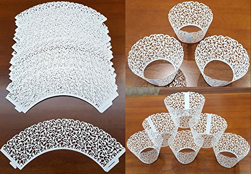 DIKETE® Cupcake Wrappers 50 stück Filigree Artistic Backen Kuchen Pappbecher Little Vine Spitze Schnitt Baking Cup Muffin-Kasten Untersatz für Hochzeit Geburtstag Party Dekoration weiß - 3