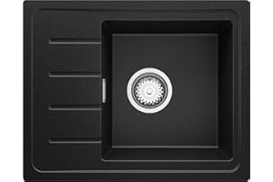 PRIMAGRAN Lavello da Cucina Nero 55x44cm, Lavandino in Granito a 1 vasca + Sifone Classico, Lavabo Incasso al mobile 45cm - Copenhagen Easy S001