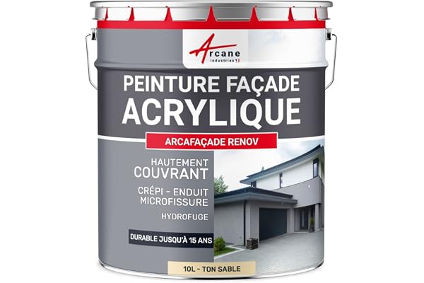 ARCANE INDUSTRIES Peinture Façade Hydrofuge Acrylique - Mur, Crépi, Béton - Imperméable Haute Résistance 15 Ans - 10 L (+ ou - 60 m² en 1 Couche) Ton Sable - RAL 085 90 20