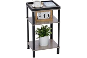 YEAKOO Side Table for Small Spaces,3 Tier End Table with Metal Tabletop Tray Storage Shelf, Small Narrow Thin End Table Bedside Table,Nightstand for Hallway,Living Room, Bedroom, Office/Oak