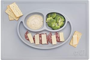 ezpz Happy Mat (Pewter) - 100% Silicone Suction Plate with Built-in Placemat for Toddlers + Preschoolers - Divided Plate - Dishwasher Safe - 24 months+