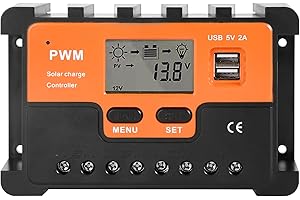 DEWIN Solar Controller, PWM Solar Charge Controller, 12V 24V Solar Panel Battery Regulator, Dual USB 5V Output, 10-60A