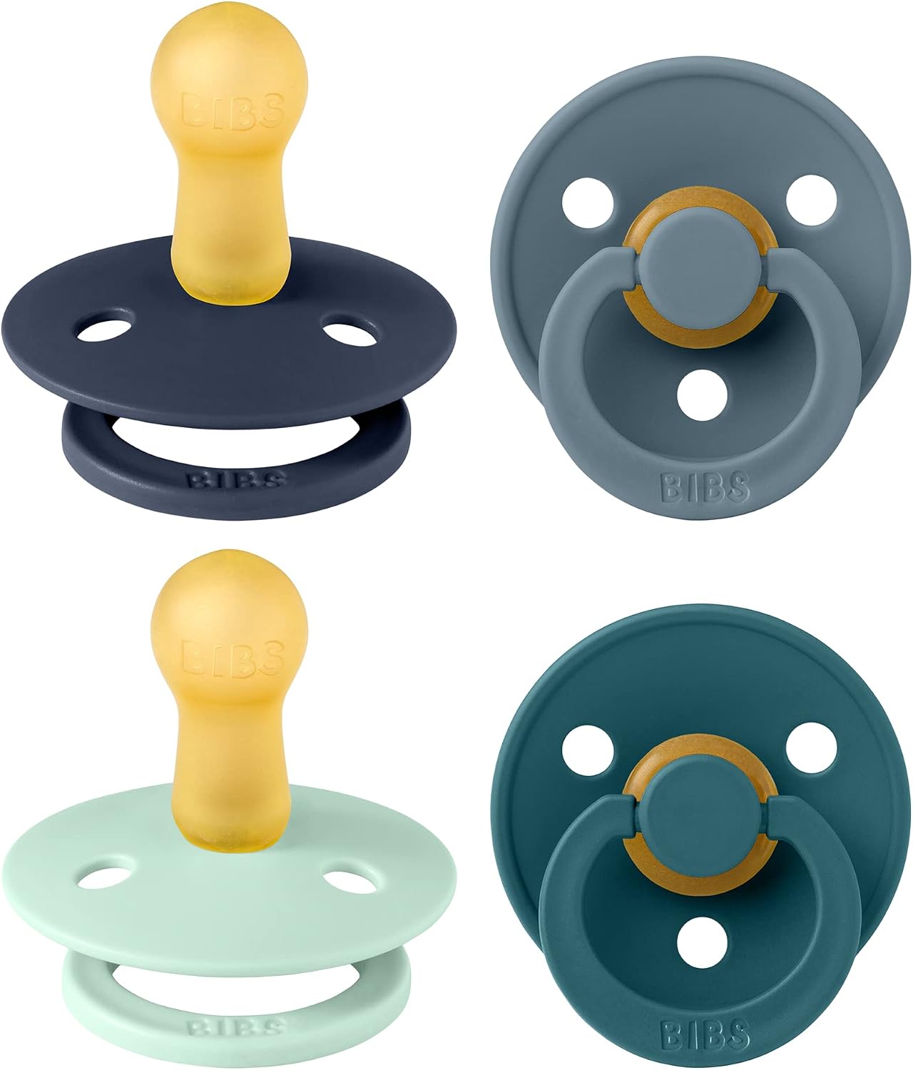 BIBS Dummies Colour 4-Pack, BPA Free Dummy Pacifier, Round Nipple Soothers, Natural Rubber Latex, Made in Denmark. 6-18 Months (Pack of 4), Baby Boy Colours
