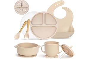 MOJINL Silikon Baby Geschirrset, Rutschfest Kindergeschirr Set mit Saugnapf, 7 Stück BPA Frei Esslernbesteck Sets mit Löffel Gabel Schüssel Lätzchen Becher Trinklernbecher und Teller mit Deckel
