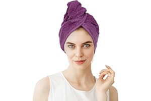 A ATH COLLECTION Toalla de pelo superabsorbente, 100% algodón egipcio, turbante, secador de pelo, envoltura con botón para sujetar fácilmente como turbante Twist Cap (morado)