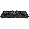 Faber 69cm 3 Burner Jawa Sleek Cooktop| Toughened Black Glass | 1 Small, 2 Medium Burners | Powder Coated Pan Support | Nylon Knobs | Spill Proof | Valve Protection Cap | Cooktop Jawa 3BB Aura, Black