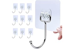 Zesc-Im 10PCS Self Adhesive Hooks, Upgraded 35 lb/15kg (Max) Strong Sticky Hooks for Hanging Heavy Duty, Damage Free Large Size Clear Stick on Hook for Home Bathroom Kitchen and Office