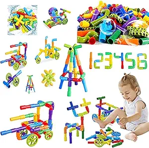 Galaxy Hi-Tech Pipe Blocks Creative Tube Locks Construction Set Toy with Wheels Kids Educational Preschool Learning Toys Plastic Water Pipe Shaped Blocks - Pipe Puzzle Game ( 75 Pieces )