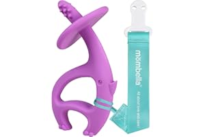 Mombella Mordedor para bebés de 3 a 12 meses con clip, juguete de silicona para masticar para bebés de 6 a 9 meses, 2 en 1 mordedor elefante y cepillo de dientes de pre-entrenamiento, púrpura