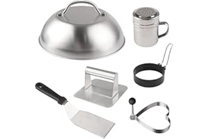 Rolcoassuns Griddle Accessories Set, 6PCS Smashed Burger Kit with Stainless Steel Burger Press,Melting Dome,Grill Spatula,Spice Dredge Shaker& 2 Egg Rings for Flat Top Grill Cooking Indoor Outdoor