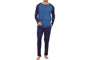 Reliwel Pyjamas för män, lång bomullspyjamas, tvådelat set, raglan, långärmad tröja och pyjamasbyxor med ficka, nattkläder, hemmadräkt, sovkläder