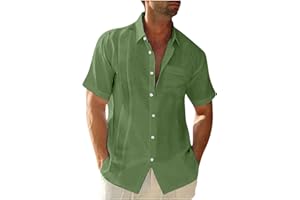 AEGJEGVD Linen Shirts Men Short Sleeve Button Down Casual Shirts Summer Hawaiian Lapel Blouses Cotton Linen Shirt Regular Fit Holiday Beach Shirt Solid Henley Shirt with Pocket UK Size 8-22 Clearance