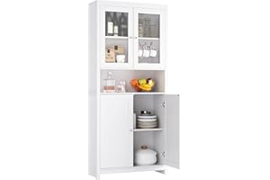 FOREHILL 190cm Kitchen Cupboard Freestanding Tall Storage Cabinet Kitchen Sideboard Organizer, Display Cabinet with 2 Glass Doors for Dining Room Living Room, White