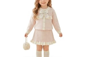 DivingBirds Girls Dresses Toddler Long Sleeve Knitted Bow Cardigan with Ruffle Plaid Skirt 2Pcs Set Kids Autumn Winter Casual Dress for Girl 12 Months -6 Years