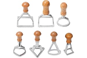 JEVUOYEE Zestaw 7 foremek do wycinania ravioli, foremka do ravioli, z drewnianym uchwytem i dzielnikiem do pizzy, kwadratowe, okrągłe ravioli, serce, krajalnica do ravioli, makaronu, narzędzia do pierogów