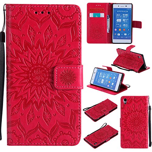 Sony Xperia Z4 Hülle,Sony Xperia Z4 Leder Sonnenblumen Hülle,Sony Xperia Z4 Lanyard Wallet Schutzhülle,BONROY® Retro geprägte Sonnenblumen Muster PU Leder Flip Hülle Wallet Case Tasche Cover Handytasche Schutzhülle Lederhülle Handyhülle in Book Style Stand Case mit Kredit Kartenschlitz für Sony Xperia Z4-rot