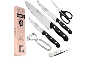 Arcos Juego Cuchillos Cocina cuchillos | Cuchillo profesional | 6 piezas | Chef 215 mm + Cocina 150 mm, Verduras 100 mm + Tijera cocina + Pelador de fruta y verdura + Pinza para pescado