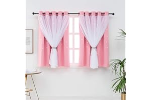 QINUO HOME Blackout Curtains With Sheer for Girls -66 by 54 inches, 2 Pcs Nursery Room Darkening Eyelet Star Curtain for a Good Sleep Cut Out Curtains for Home Decoration & Noise Reducing, PINK LYON