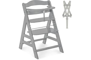 hauck Alpha+, Grey - Wooden High Chair 6 Months to Adult Sustainable FSC® Certified Beechwood Toddler Feeding and Entertainment Chair, Inclusive 5-Point Harness Bumper Bar Crotch Strap