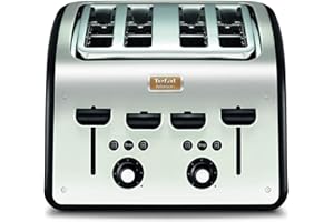 Tefal Grille Pain Maison 4 fentes, 2 Chambres Indépendantes de Cuisson, Réchauffage, Décongélation, Remontée Extra Haute, 1700W, Inox et Noir TT770811