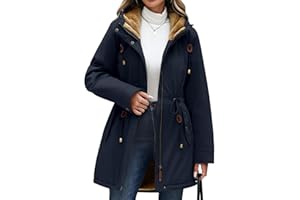CMTOP Winterjacke Damen Wasserdicht Warme Kordelzug Parka Fleece Gefüttert Wintermantel mit Kapuze Lässiger Dicke Kapuzenjacke Winddicht Zip Outdoorjacke mit Taschen