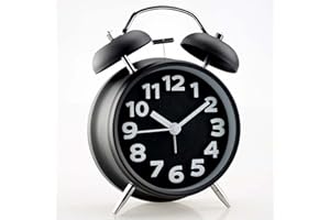 TOPKEY Ukey Reloj despertador de 4 pulgadas con doble campana que no hace tictac, reloj despertador vintage con luz nocturna y alarma fuerte, funciona con pilas (no incluidas) - negro