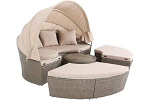 Casaria Tumbona Isla 2en1 Ø185cm Cama de Poliratán Conjunto de Jardín Mesita y Sillas Toldo Plegable Beige