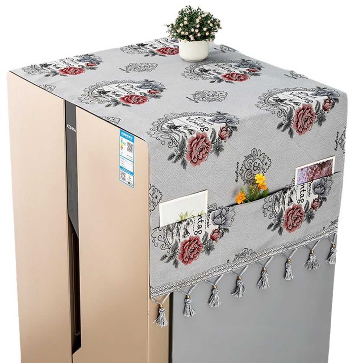 HASTHIPÂ® Fridge Cover: Floral Tassel Print Dust Cover for Side-by-Side Refrigerator â€“ A Practical and Stylish Kitchen Essential!