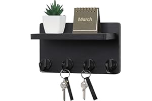 Nekon Key Holder Wall Mount, 8.5 Inch Small Home Decor Wooden Wall Organizer with 4 Hooks and Shelf, Wall Decor for Living Room Entryway Kitchen (Black)