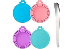 SLSON Couvercle Silicone Alimentaire pour chats Couvercle alimentaire humide pour animaux, Couvercles pour aliments en conserve pour chats et chien avec cuillère accessoires pour animaux, Lot de 4