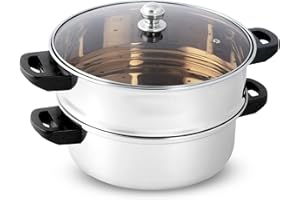KSJONE 24 CM Stainless Steel 2 Tier Steamer Pot Steaming Cookware, Multi-Layer Boiler Pot with Handles on Both Sides, Cookware Pot with Glass Lid, Work with Gas, Electric, Grill Stove Top