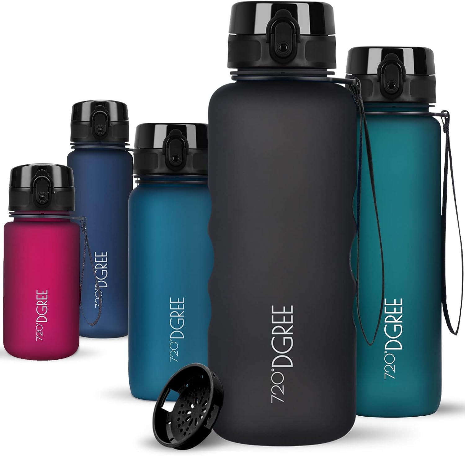 720°DGREE Botella uberBottle + colador – 350 ml, 500 ml, 650 ml, 1000 ml, 1,5 l, 2 l – Sin BPA – Botella de agua para deportes, escuela, niños, fitness, gimnasio, bicicleta, exterior – ligera