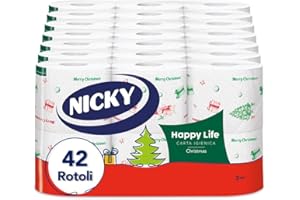 Nicky Happy Life Christmas - Carta Igienica Natalizia, 42 Rotoli da 170 Strappi, a 3 Veli, Apertura Facilitata, 4 Fantasie con Decori Natalizi, Morbida e Resistente, Allegra e Festiva, Carta FSC