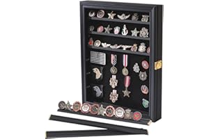 Verani Medals Display Case Wall Frame for Collector, Military Challenge Coins Holder, Pins, Lockable Shadow Box with Removable Shelves Black