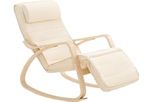 SoBuy Sedia a Dondolo – Poltrona a Dondolo con poggiapiedi e poggiatesta regolabili, Beige FST16-W